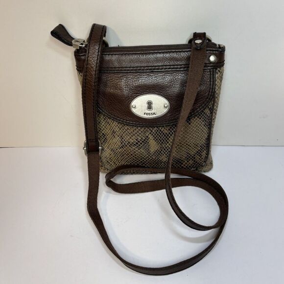 Fossil Snake Print Embossed Brown Leather Crossbody Bag Purse Adjustable Stylish - Picture 1 of 10